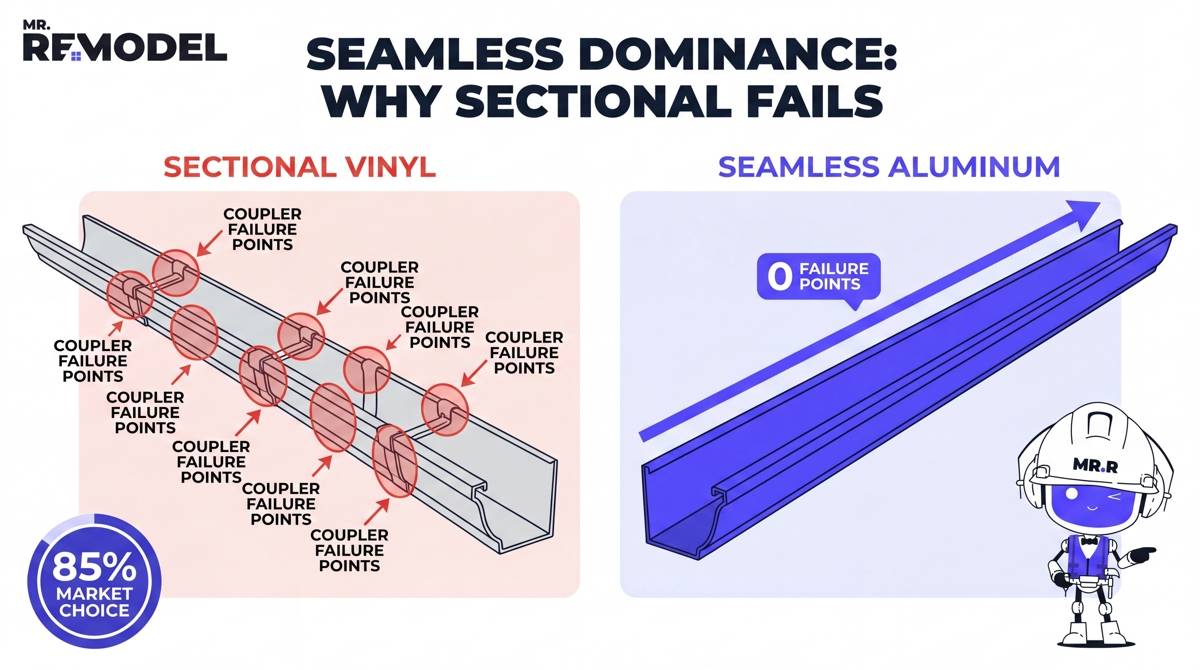 A technical comparison of sectional and seamless gutters, highlighting the multiple leak points in sectional systems versus the zero-leak promise of seamless.